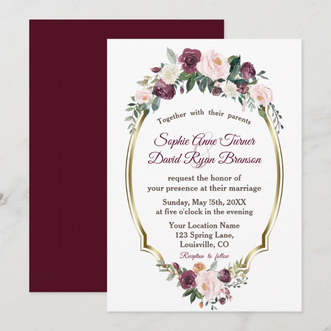 Invitación Encantador Boda floral Gold Burgundy Rubor (Anverso / Reverso)