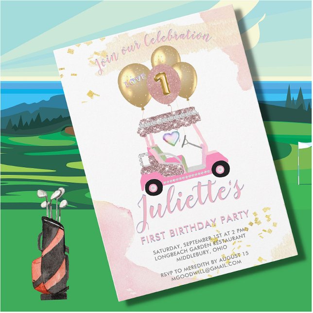 Invitación Encantador carrito de golf rosa Chica de primer cu (Subido por el creador)