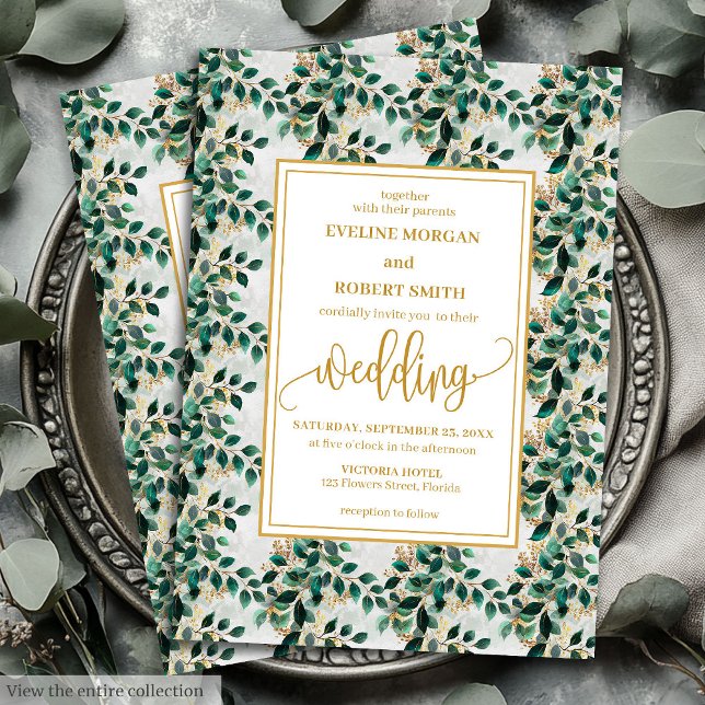 Invitación Encantador cazador Boda del oro verde Eucalyptus (Charming Hunter Green Gold Eucalyptus Wedding Invitation)