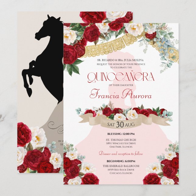 Invitación Encantador Charro Elegante Floral Blanco Rojo Quin (Anverso / Reverso)
