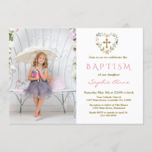 Invitación Encantador Chica de la Cruz de Oro Floral Foto Bau
