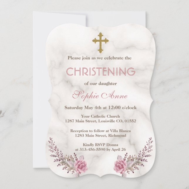 Invitación Encantador Chica de Mármol Floral Rosa (Anverso)