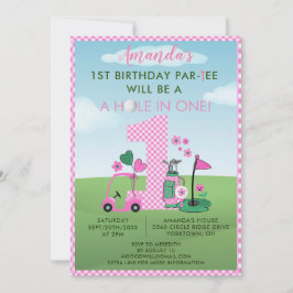 Invitación Encantador Chica Rosa Golf Primer Cumpleaños Par-T