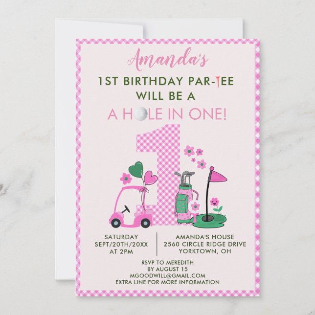 Invitación Encantador Chica Rosa Golf Primer Cumpleaños Par-T (Anverso)