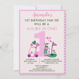 Invitación Encantador Chica Rosa Golf Primer Cumpleaños Par-T
