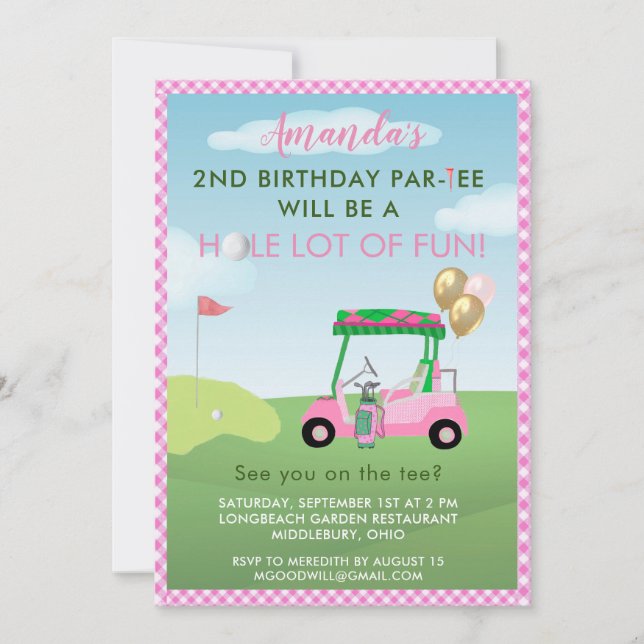 Invitación Encantador Chica Rosa Golf Segundo Cumpleaños Par- (Anverso)