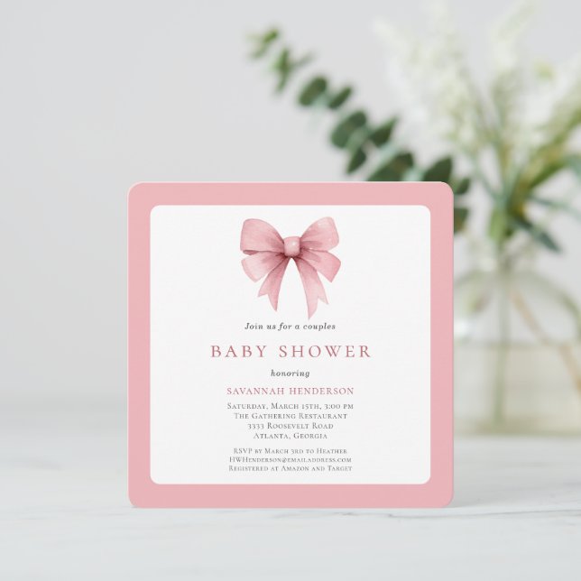 Invitación Encantador Cinta Rosa Bow Parejas Chicas Baby Show (Anverso de pie)
