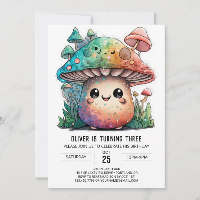 Invitación Encantador cumpleaños del hongo Woodland (Anverso)