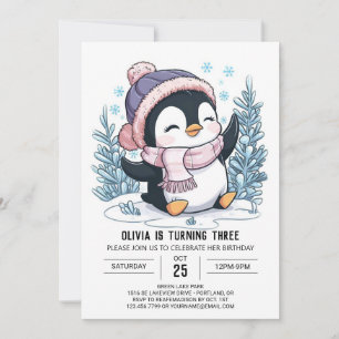 Invitación Encantador cumpleaños digital colorido de pingüino