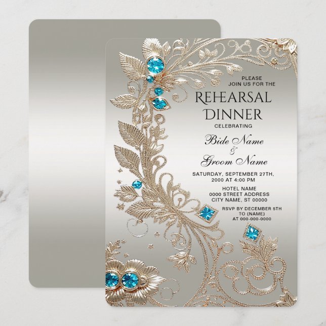 Invitación Encantador de la cena con piedras azules de oro (Anverso / Reverso)