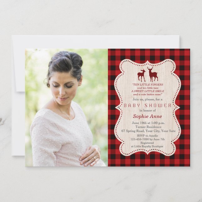 Invitación Encantador Deer Red Buffalo Plaid Photo Baby Showe (Anverso)