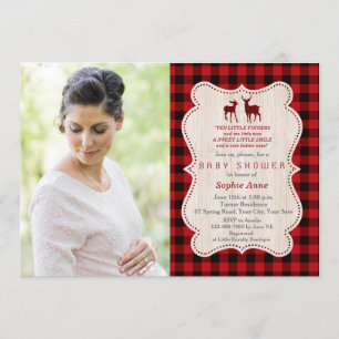 Invitación Encantador Deer Red Buffalo Plaid Photo Baby Showe