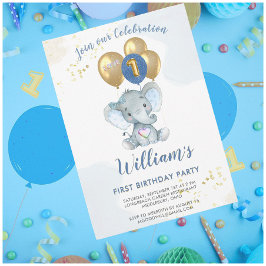 Invitación Encantador elefante azul rosa primer niño de cumpl