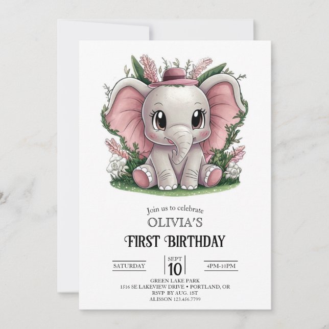 Invitación Encantador Elefante Digital de Primer Cumpleaños (Anverso)