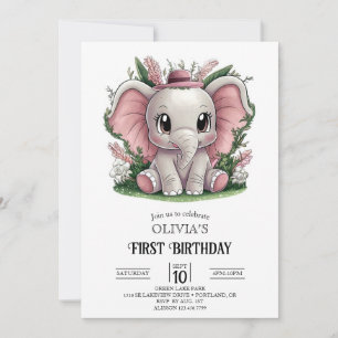 Invitación Encantador Elefante Digital de Primer Cumpleaños