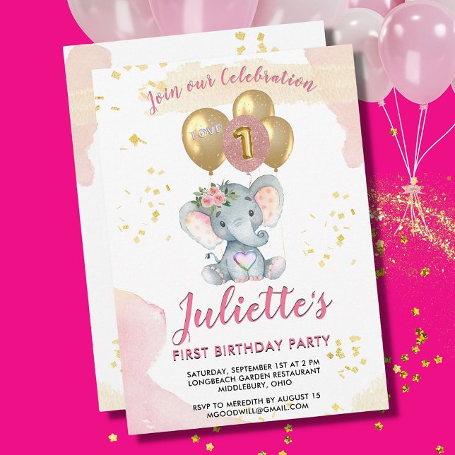Invitación Encantador elefante floral rosa primer Chica de cu (Subido por el creador)