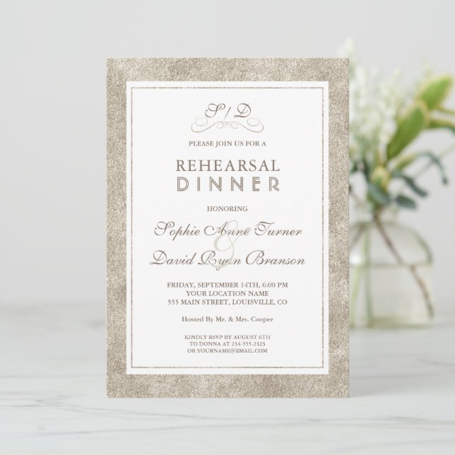 Invitación Encantador ensayo de borde blanco plateado (Anverso de pie)