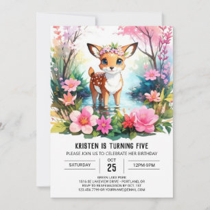 Invitación Encantador Fawn Watercolor Woodland Chica Cumpleañ