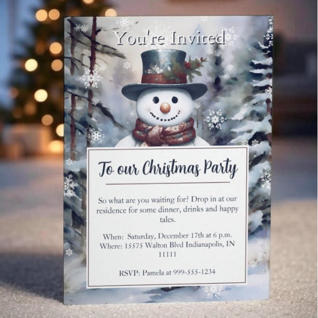 Invitación Encantador Fiesta de la Selva de Invierno con Acua (Charming Snowman Watercolor Winter Forest Party Invitation
)