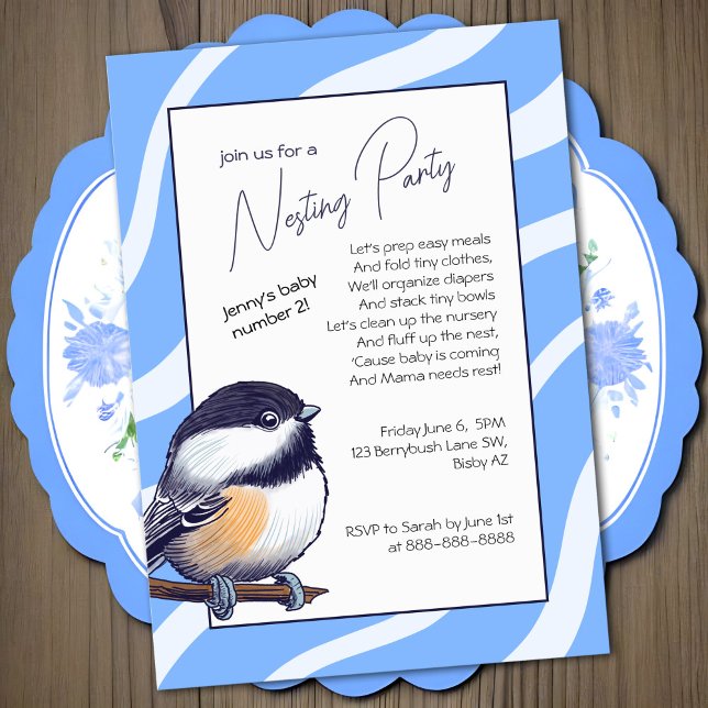Invitación Encantador Fiesta de nidificación azul de chickade (Sweet chickadee bird nesting party invitation in sky blue and white, baby shower alternative)