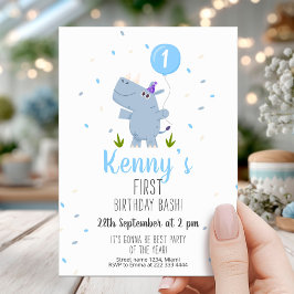 Invitación Encantador globo azul Hippo Primer cumpleaños