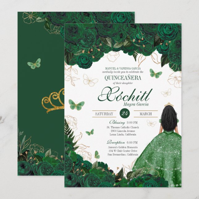 Invitación Encantador Jardín de Mariposa Verde Esmeralda Quin (Anverso / Reverso)