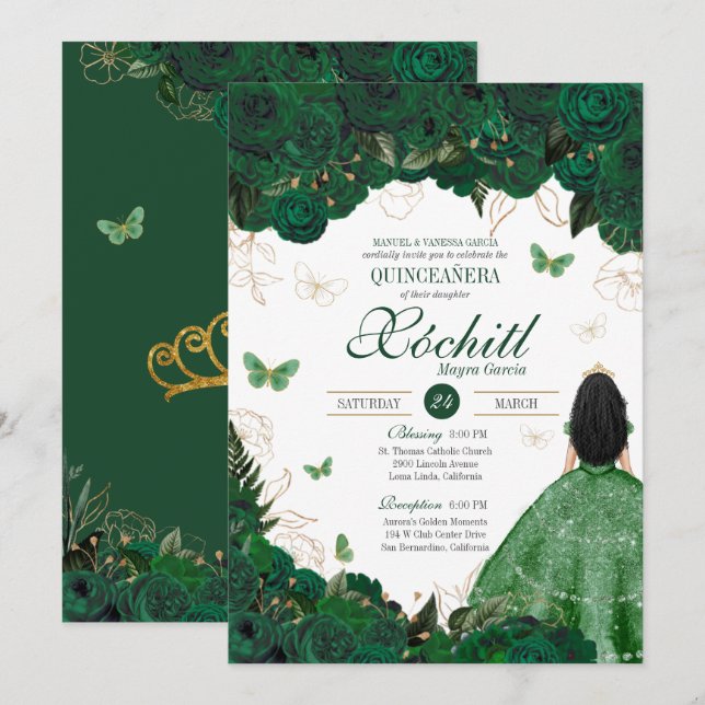 Invitación Encantador Jardín de Mariposa Verde Esmeralda Quin (Anverso / Reverso)