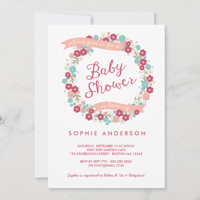 Invitación Encantador Jardín Floral Wreath Chica Baby Shower (Anverso)