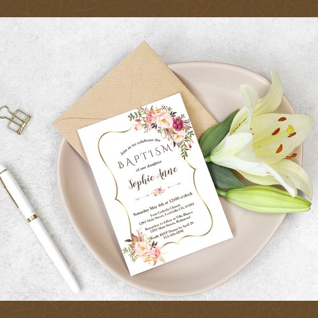 Invitación Encantador marco dorado bautismo floral rosa Rubor (Subido por el creador)