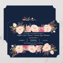 Invitación Encantador Marco Floral Rosa Bodas Azul Marino