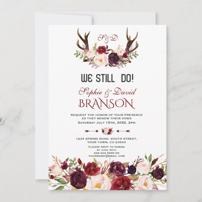 Invitación Encantador moreno Rubor Floral Antlers TODAVÍA HAC (Anverso)