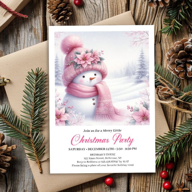 Invitación Encantador muñeco de nieve rosa editable invitació (Charming Pink Snowman Editable Christmas Invite for Kids)