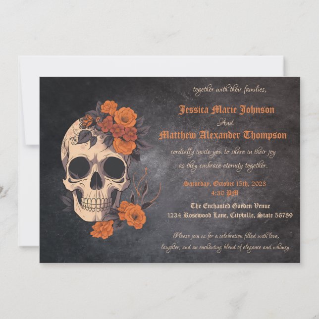 Invitación Encantador Naranja Bouquet en Cream Skull Boda (Anverso)