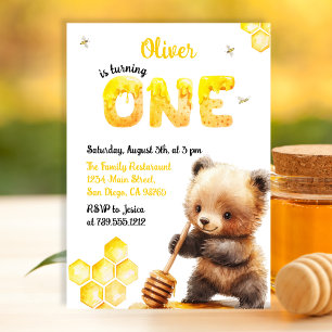 Invitación Encantador Oso Amarillo Miel Cumpleaños Primero
