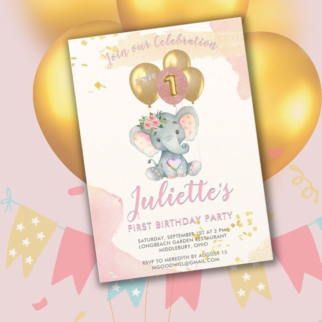 Invitación Encantador presupuesto Elefante Rosa Primer Chica  (Subido por el creador)