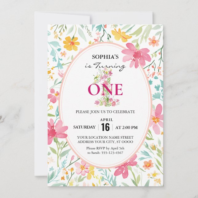 Invitación Encantador primer cumpleaños de Floral (Anverso)