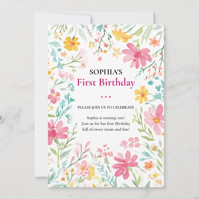 Invitación Encantador primer cumpleaños de Floral (Reverso)