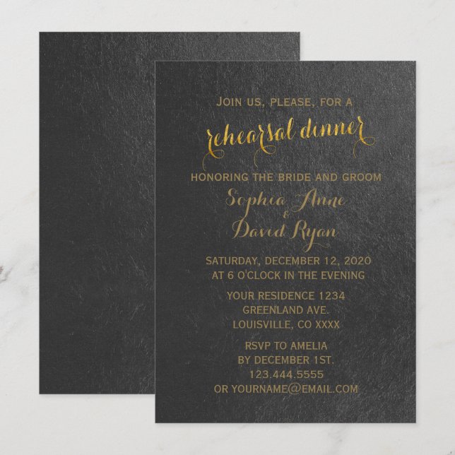 Invitación Encantador Relieve metalizado dorado Boda negro en (Anverso / Reverso)