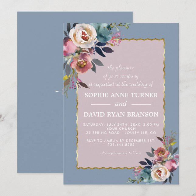 Invitación Encantador Rosa azul turbio  Floral Gold Boda (Anverso / Reverso)