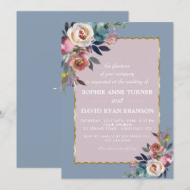 Invitación Encantador Rosa azul turbio Floral Gold Boda