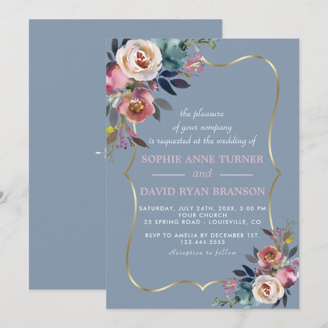Invitación Encantador Rosa azul turbio  Floral Gold Boda (Anverso / Reverso)