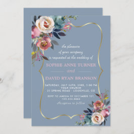 Invitación Encantador Rosa azul turbio  Floral Gold Boda