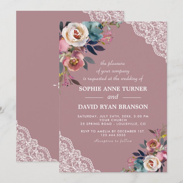 Invitación Encantador Rosa de Boda floral con polvo azul (Anverso / Reverso)