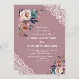 Invitación Encantador Rosa de Boda floral con polvo azul