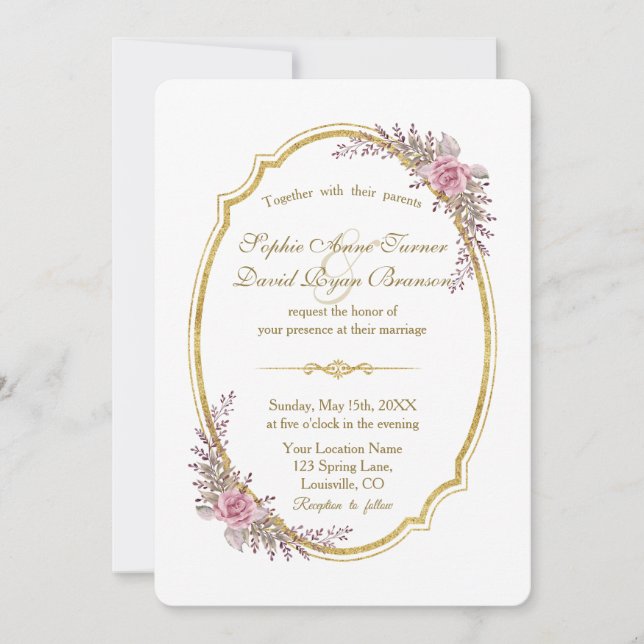 Invitación Encantador Rubor Floral Gold Frame Wedding Invite (Anverso)