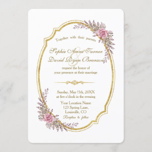 Invitación Encantador Rubor Floral Gold Frame Wedding Invite