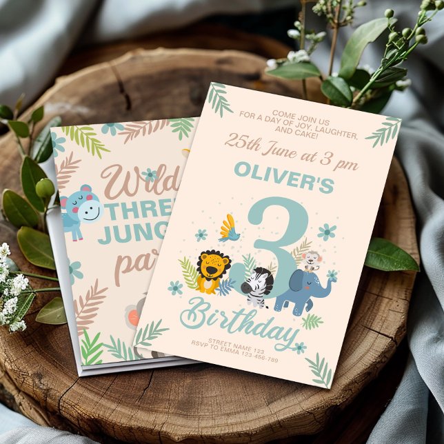 Invitación Encantador Safari Blue Pastel Tercer Cumpleaños (Subido por el creador)