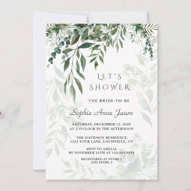 Invitación Encantadora acuarela, vegetación y ducha de novia (Anverso)