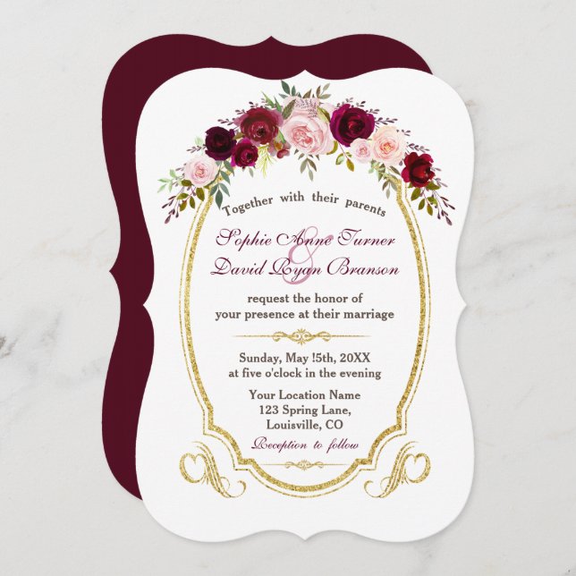 Invitación Encantadora Boda de Caída Floral de Borgoña Marsal (Anverso / Reverso)