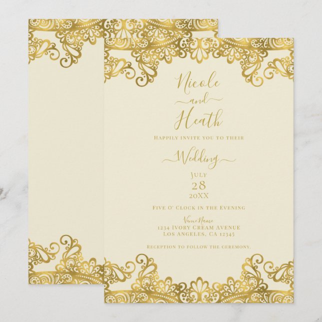 Invitación Encantadora Boda de Marfil Crema y Encaje Dorado (Anverso / Reverso)